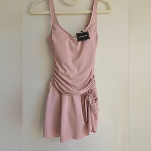 NWT Aidonger Pink Ribbed Tank Swim Dress with Tie Detail Size S